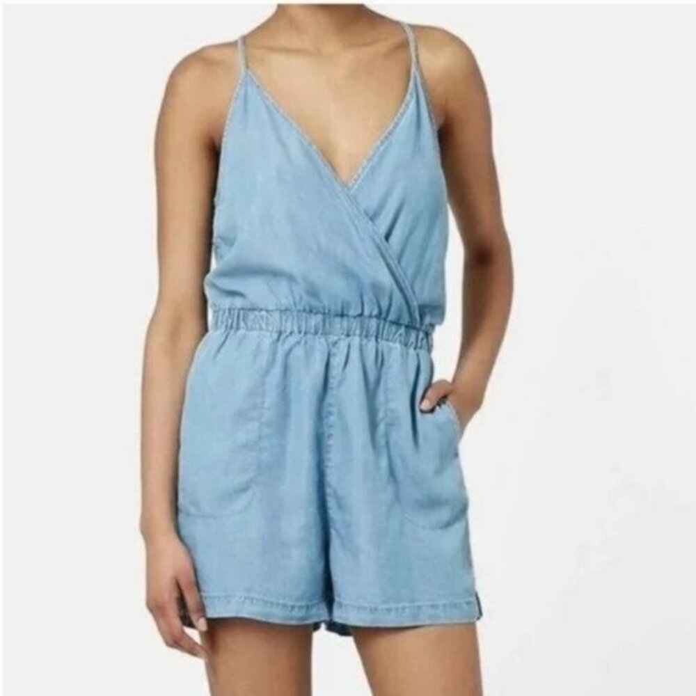 Topshop Moto Blue Chambray Surplice Romper Size 4 Women